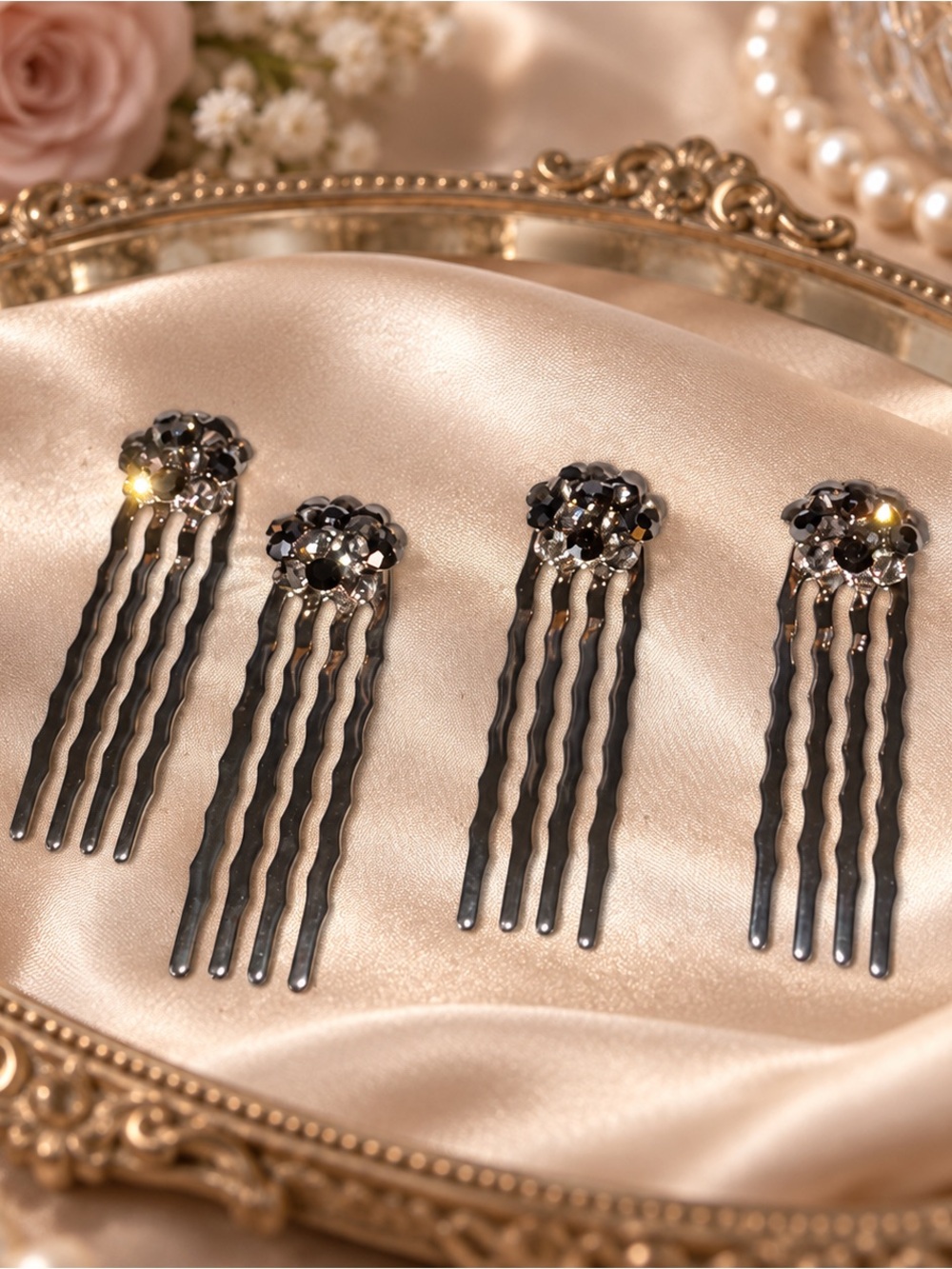 Set of Four Black Crystal Floral Hair Combs gift bag included